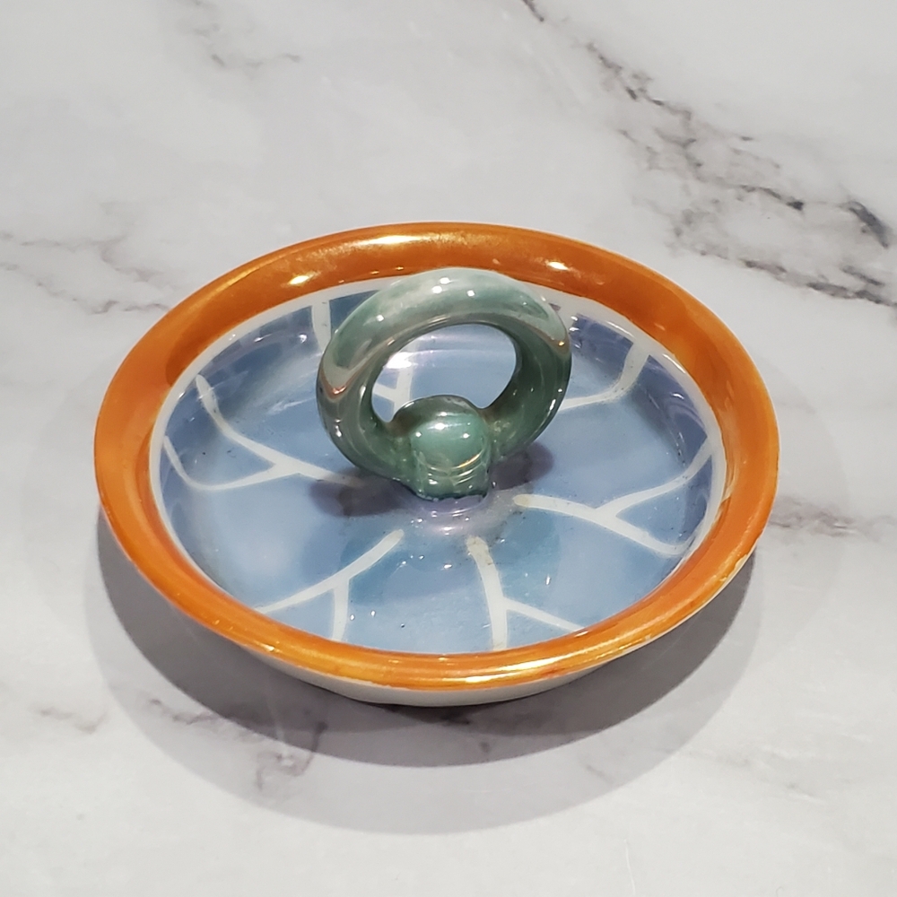 Noritake Handmade Made in Japan Orange and Blue Glazed Trinket Dish